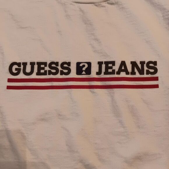 GUESS Jeans Logo White Long Sleeve Tee Men's M Red Striped Sleeves VTG - Picture 2 of 4